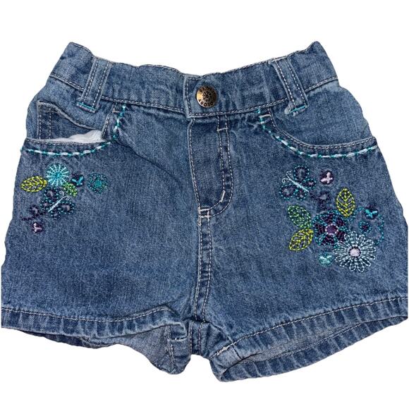 Vintage Baby Girl 18 Mon Faded Glory Butterfly Embroidered Jean Shorts W/Pockets - Picture 1 of 6